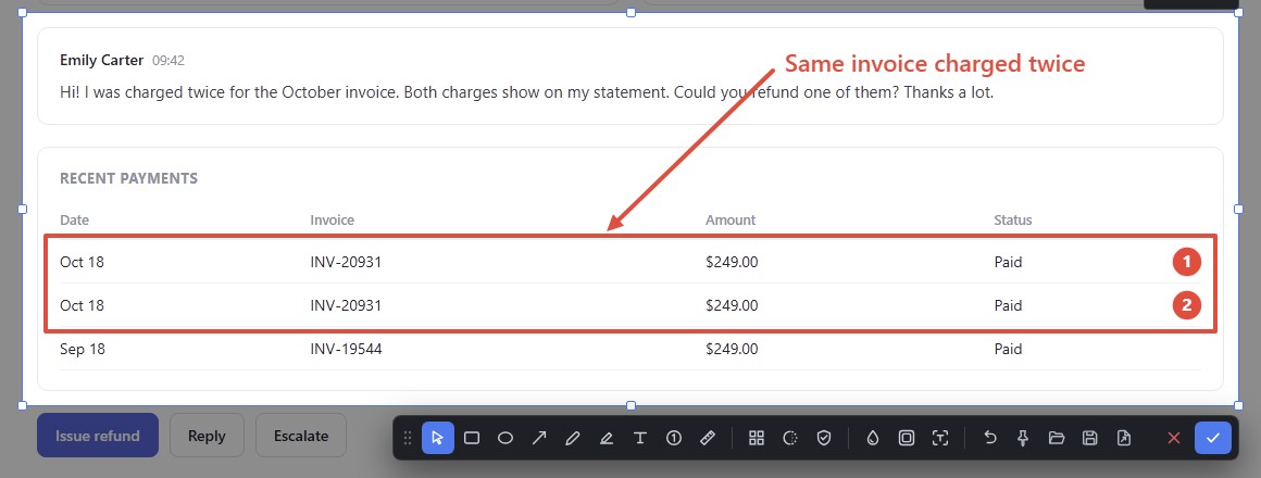 A selection with a red box around two duplicate payments, numbered 1 and 2, and an arrow with the note Same invoice charged twice
