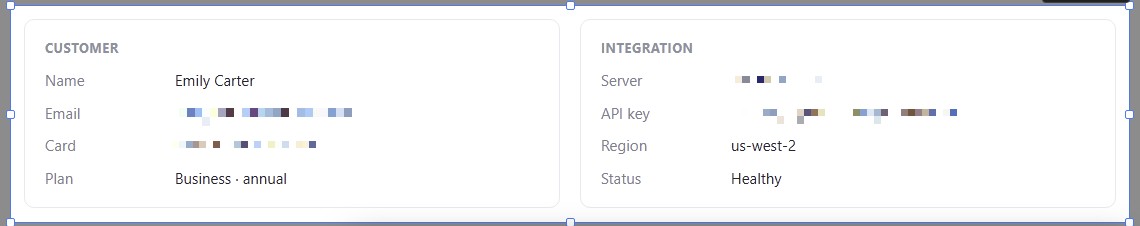 Customer and integration cards where the email, card number, server IP and API key are pixelated