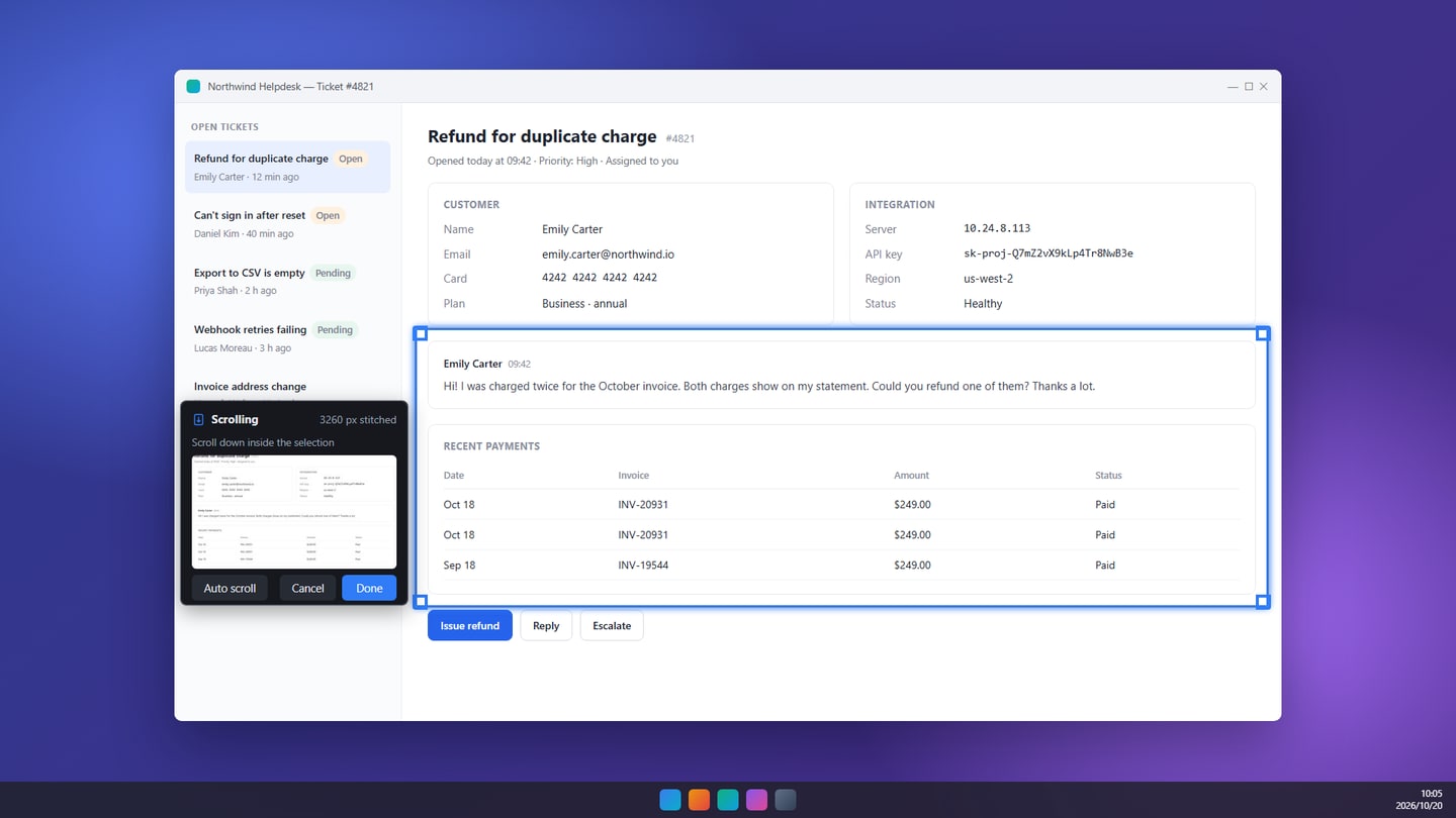 SnapDuck scrolling capture selection and stitched preview