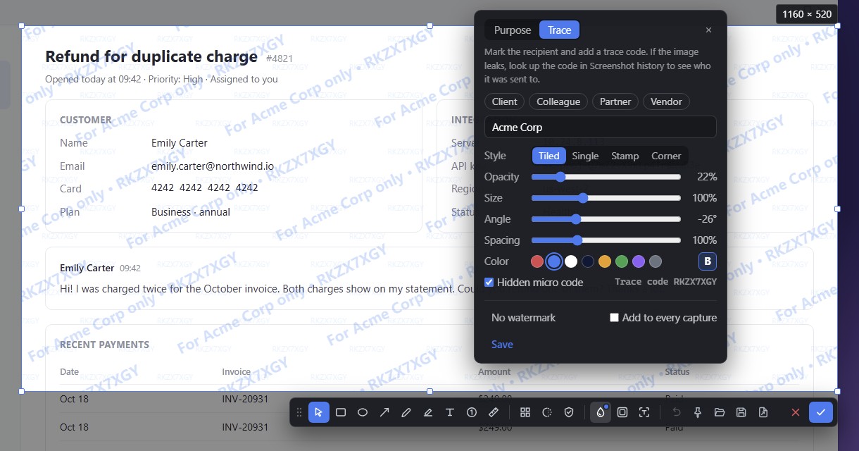 A tiled watermark reading For Acme Corp only with a trace code across the selection, and the watermark panel open with the Trace option selected